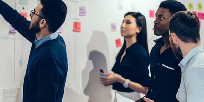 team of people working at a whiteboard